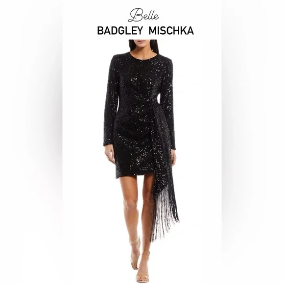 Badgley Mischka | Dresses | Belle Badgley Mischka Black Sequin Longsleeve  Harley Longfringed Dress Size 4 | Poshmark